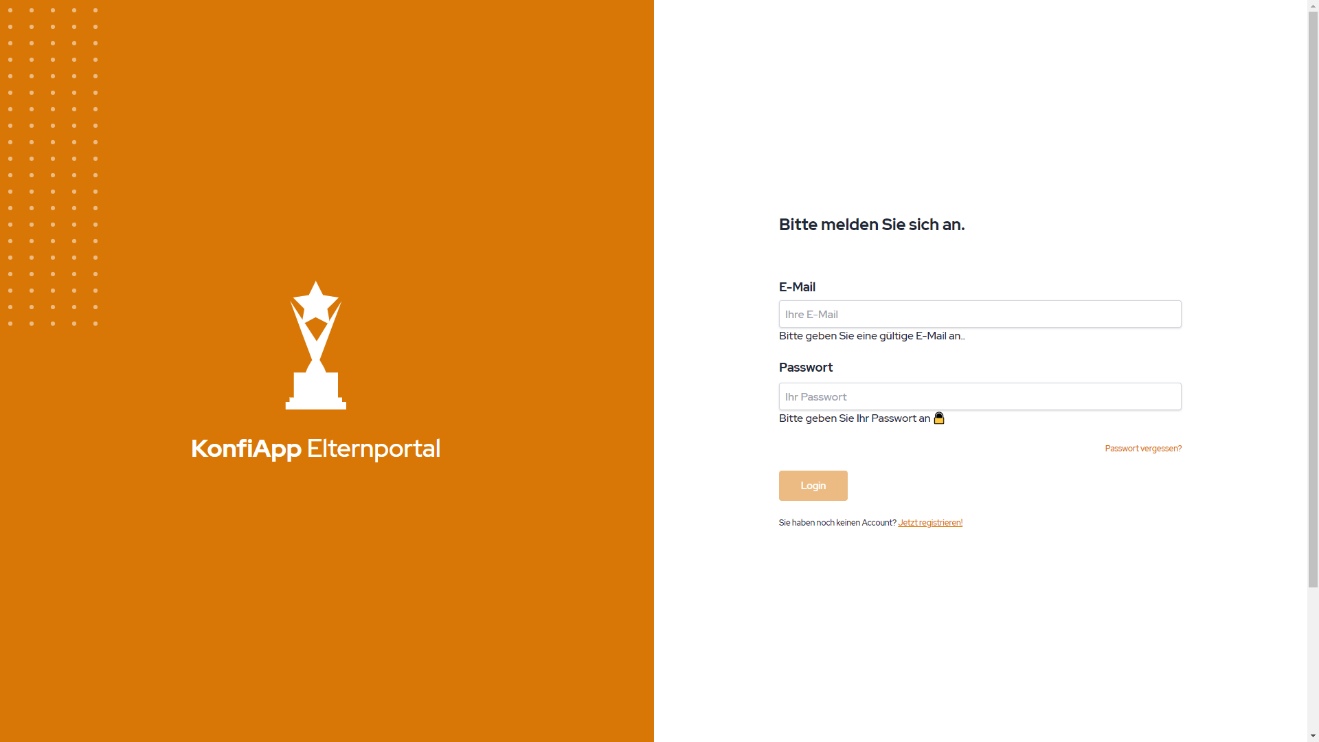 Startseite Webportal - jetzt registrieren