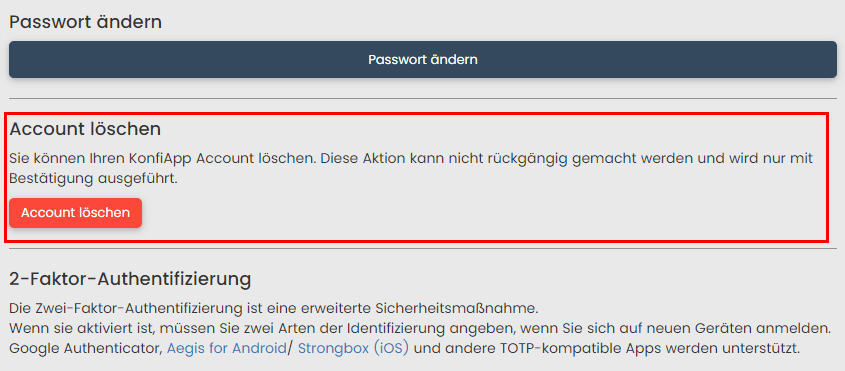 Bereich “Account löschen”