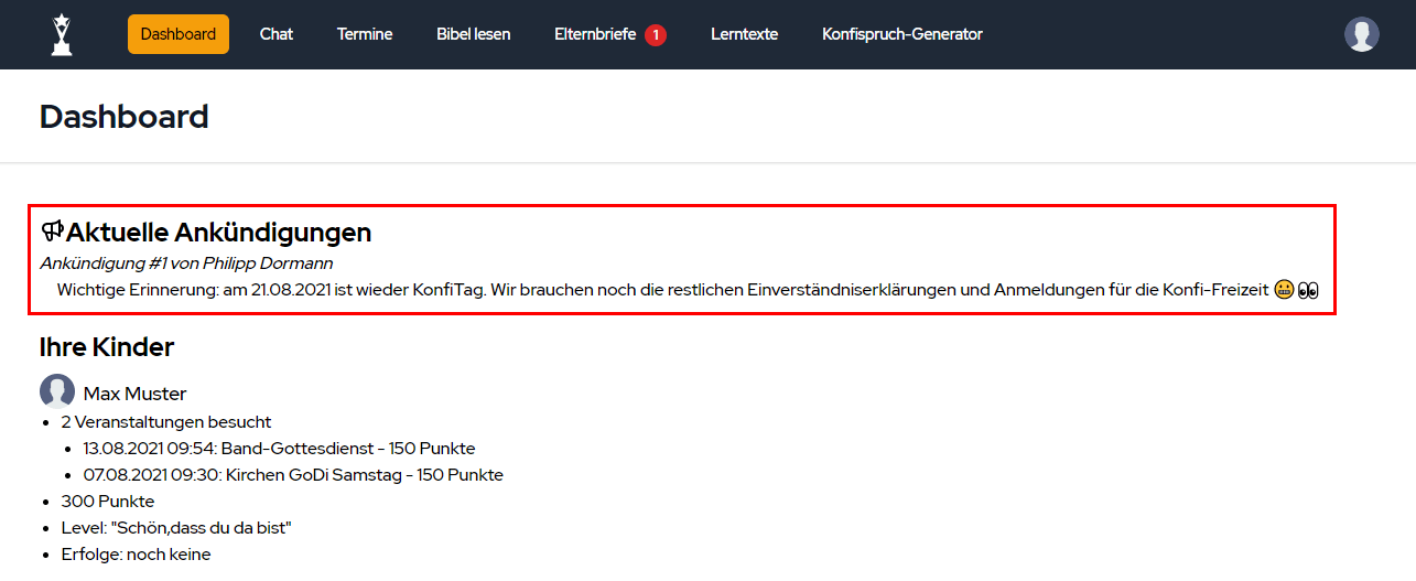 Ankündigung im Elternportal