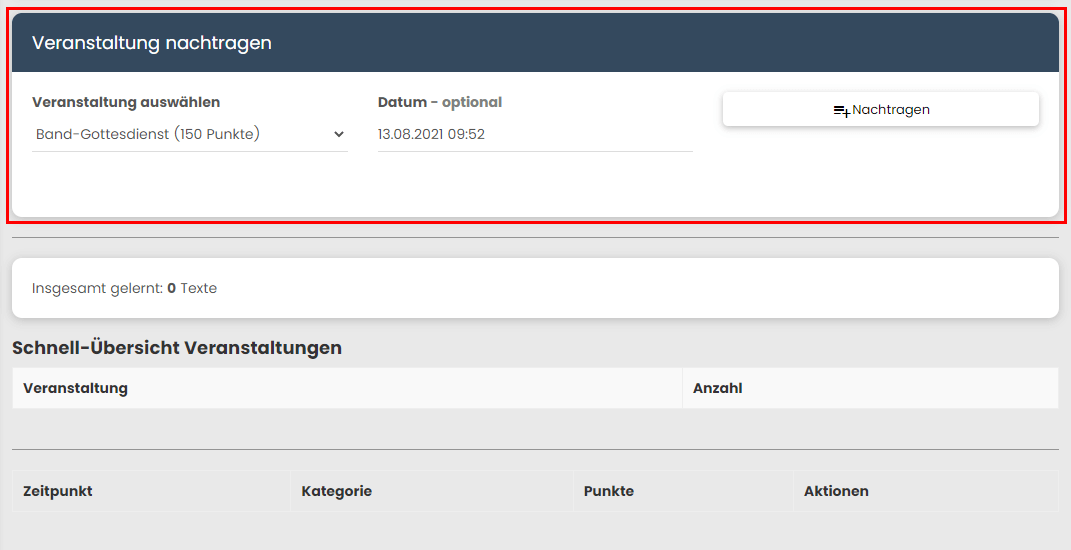 Bereich “Veranstaltung nachtragen”