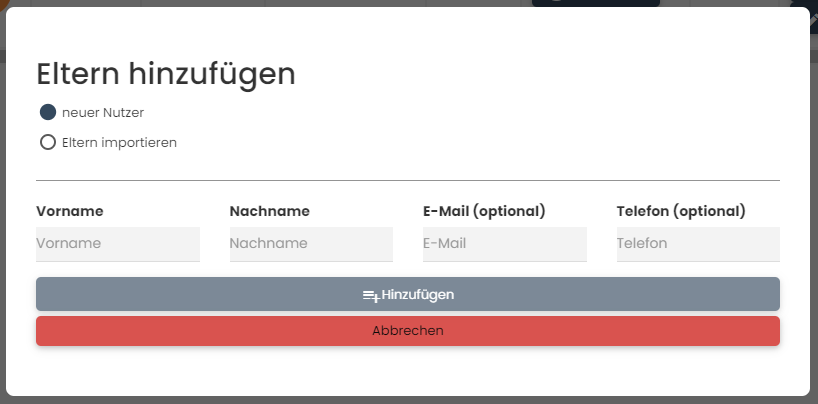 Eltern-Übersicht: Eltern hinzufügen