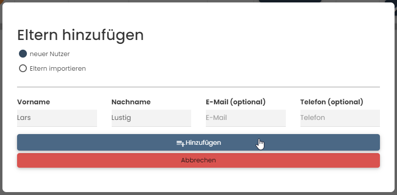 Eltern-Übersicht: Eltern hinzufügen