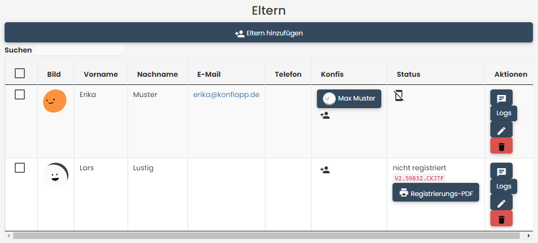 Eltern-Übersicht: Eltern hinzufügen