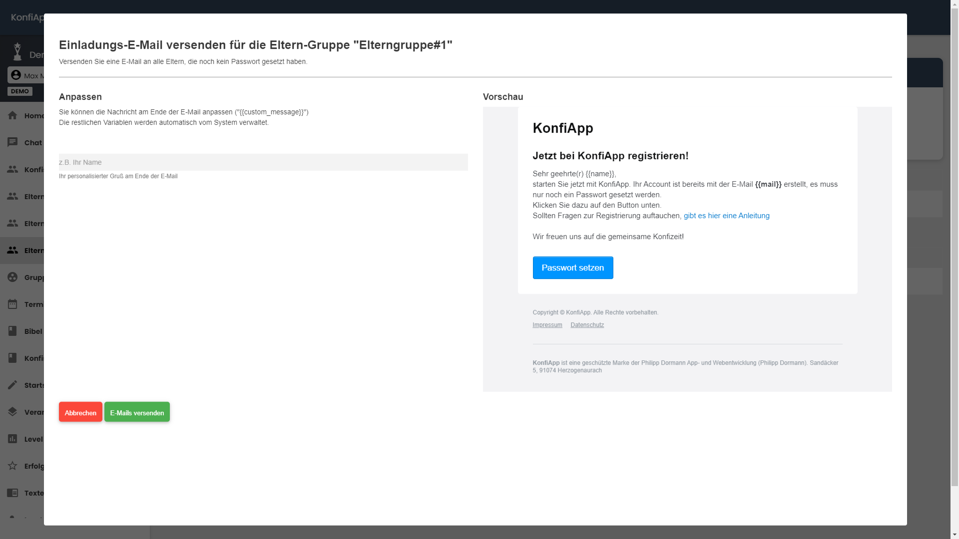 Eltern Registrierung Mail