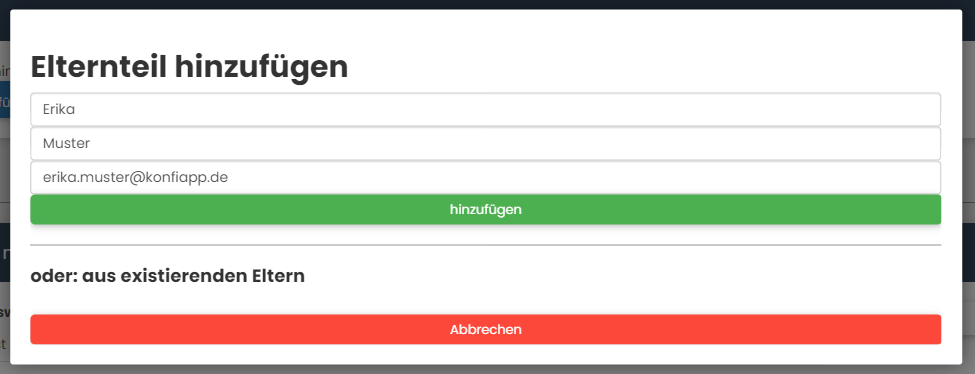 Konfi Übersicht Eltern hinzufügen Button