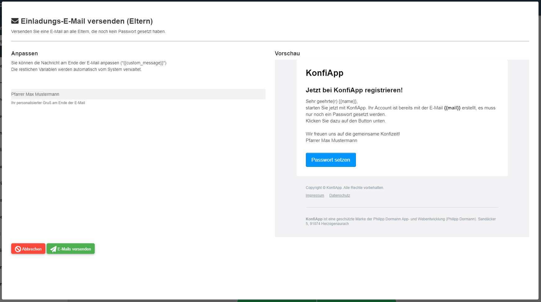 Konfi Übersicht Eltern hinzufügen Button