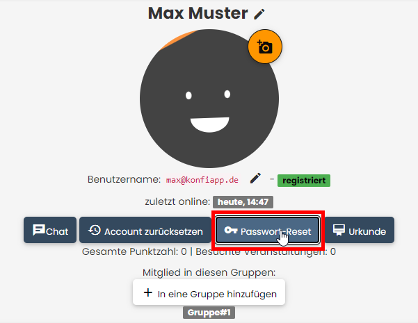 Konfi-Detailansicht: Passwort-Reset Button