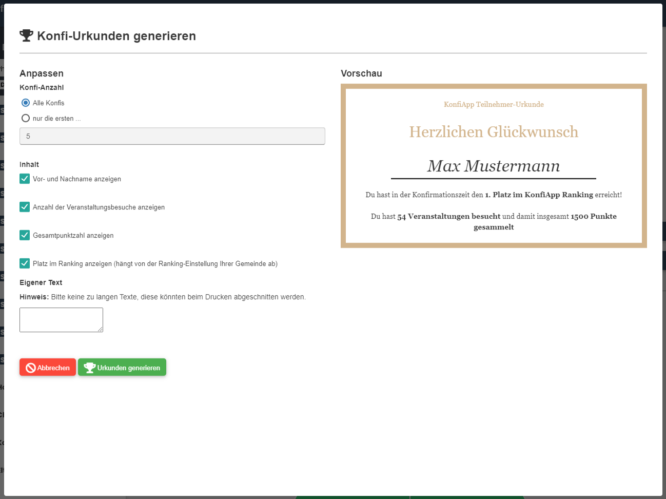 Konfi-Urkunden Popup