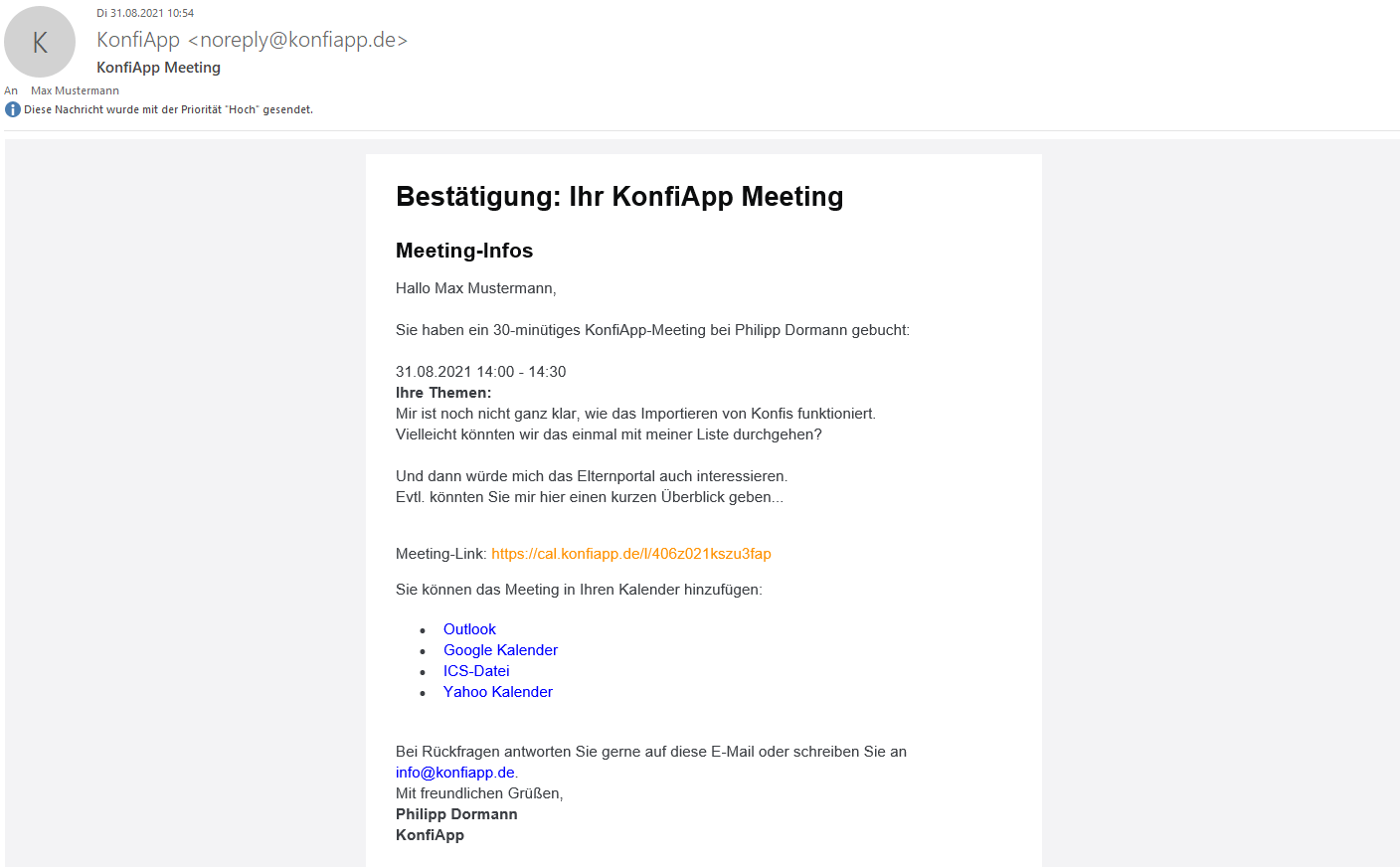Meeting Bestätigung per Mail