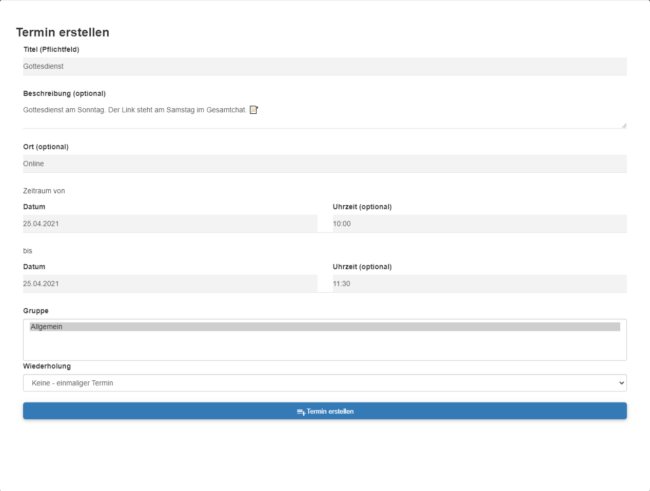 Termin erstellen - einmalig mit Uhrzeit Start und Ende