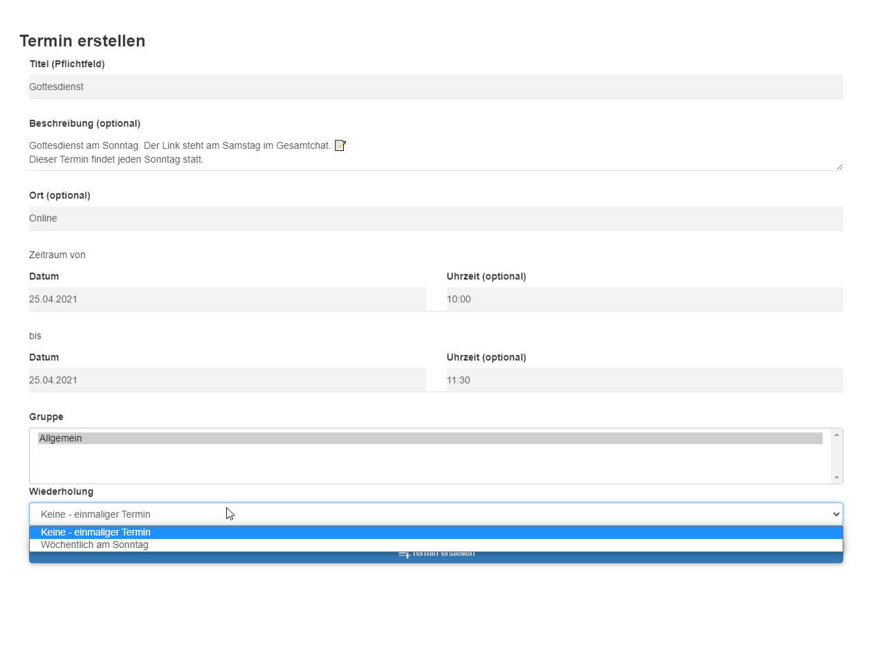 Wiederkehrender Termin Daten